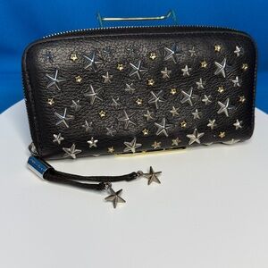AUTHENTIC JIMMY CHOO FILIPA BLACK & STAR STUDDED STUDS ZIP AROUND LEATHER WALLET
